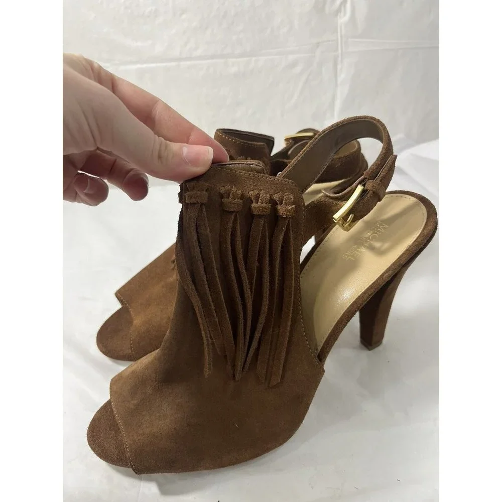 Michael Kors Brown Suede Fringe Peep-Toe Slingback Heels
